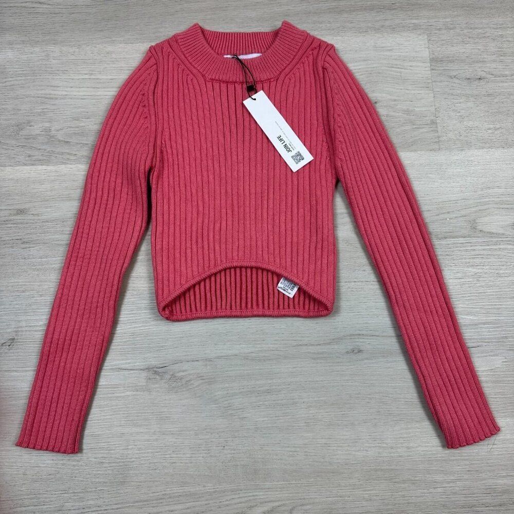 Zara Ribbed Cropped Sweater Womens Small Pink Hi-Low‎ Hem Long Sleeve